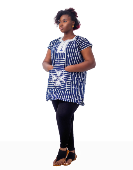 Blue Smock Top With White Embroidery | URBAN AFRIQUE