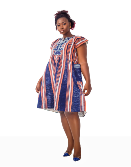 Orange Stripe Smock Top With Blue Embroidery | URBAN AFRIQUE