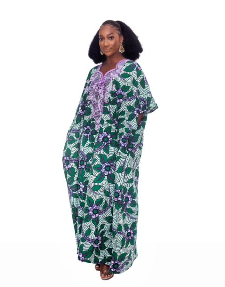 Embroidered Ankara Boubou in Green and Purple | URBAN AFRIQUE