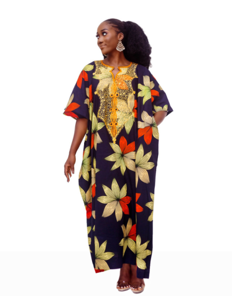 Embroidered Ankara Boubou in NavyBlue and Yellow | URBAN AFRIQUE