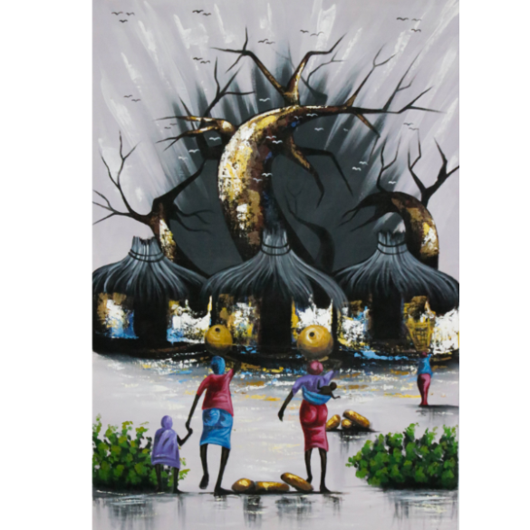 African Painting - Village Scene | TDeco | URBAN AFRIQUE